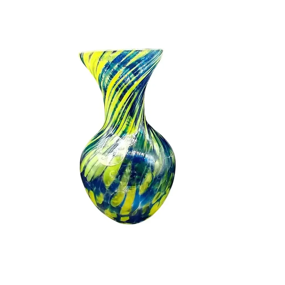 Czech Crystal Vase 5” Royal Limited Mouth Blown Confetti Swirl Blue Yellow